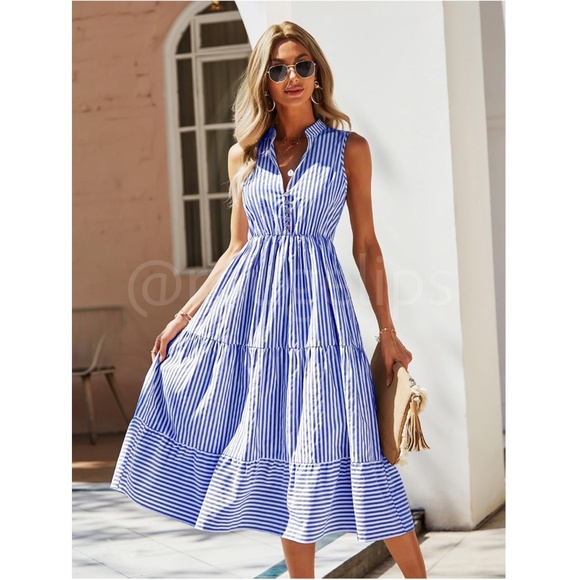 Rouge! Dresses & Skirts - Striped Blue White V-Neck Midi Dress Sleeveless Fit & Flared
